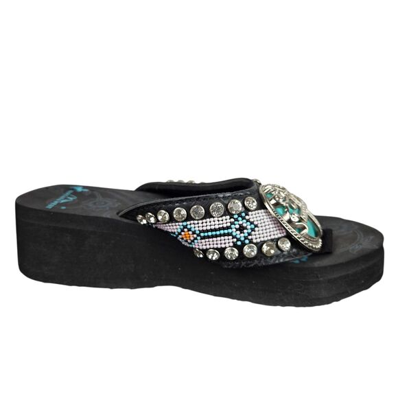 Montana West Wedge Flip Flop Sandal 6 Cross Medallion Turquoise Bead Rhinestone - Picture 9 of 14